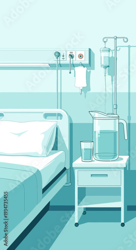 Hospital Room Depiction: A Clean and Minimalist Illustration of Patient Care and Recovery