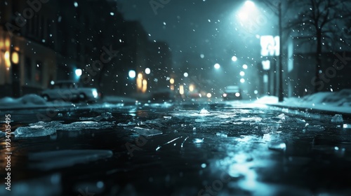 Moody urban street at night with snowfall and icy pavement