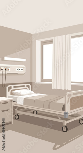 Hospital Room Depiction Featuring a Patient Bed, Windows, and Medical Equipment.