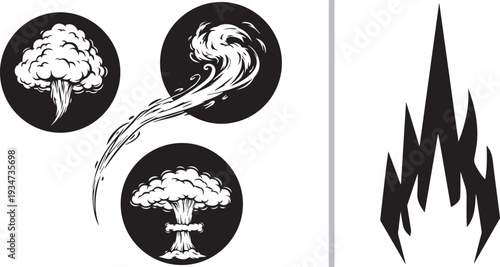 A black and white vector set featuring three circular icons of smoke plumes and a mushroom cloud on the left, paired with a sharp, jagged flame silhouette on the right.