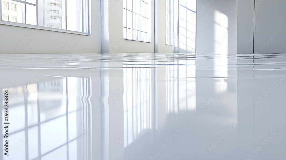 Obraz premium Sunlit contemporary interior with glossy white floor and large windows