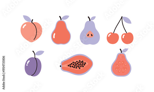 Colorful illustration of various fruits including peaches pears and cherries