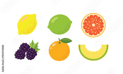 Assorted fruits including lemons limes oranges blackberries and melon