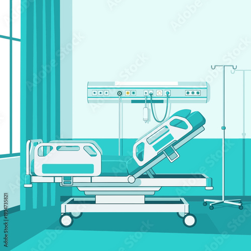 Hospital Room Depiction Featuring Adjustable Bed, Medical Equipment, Sterile Environment