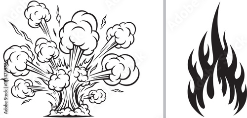 A dynamic vector set featuring a powerful comic-style smoke explosion with billowing clouds and a stylized black flame silhouette. Perfect for action, fire, and destruction-themed designs.