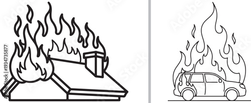 A black and white line art vector featuring a house roof with a chimney engulfed in large flames on the left and a passenger car consumed by fire on the right.