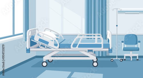 Hospital Room Depiction Featuring an Adjustable Medical Bed and Medical Support Accessories