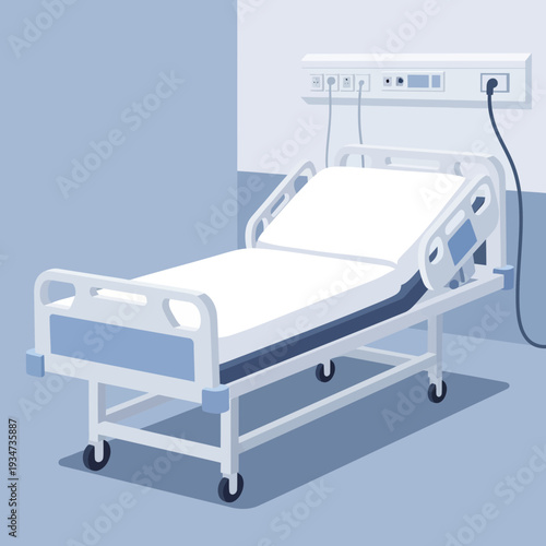 Hospital Room Depiction Featuring an Empty Bed and Medical Equipment for Patient Care