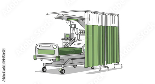 Hospital Room Depiction Featuring Bed, Curtains, and Medical Equipment Illustrations