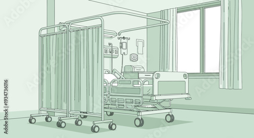 Hospital Room Depiction Featuring Bed, Drapes, and Medical Equipment In Monochrome Style