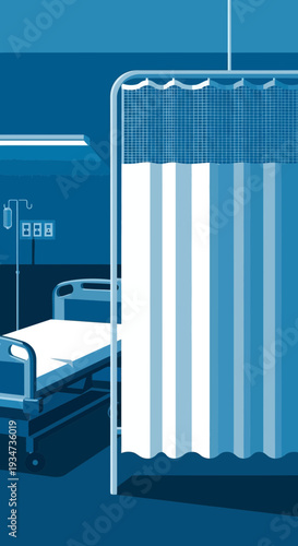 Hospital Room Depiction Featuring Bed, Drapes, And Medical Equipment In Blue Tones