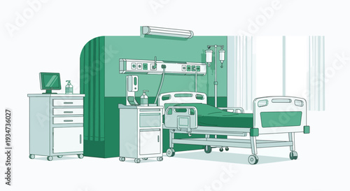 Hospital Room Depiction Featuring Bed, Equipment, and Green Tones for Healthcare Imagery