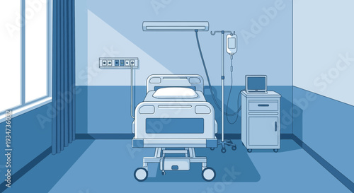 Hospital Room Depiction Featuring Bed, Equipment and Interior Design Elements