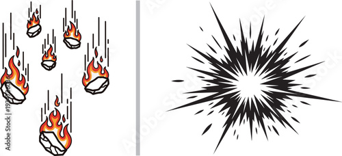 A dynamic vector graphic featuring falling flaming meteors or debris on the left and a sharp, high-contrast radial starburst explosion icon on the right.