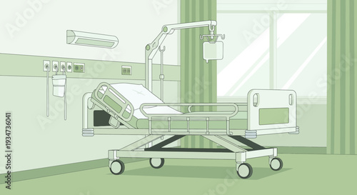Hospital Room Depiction Featuring Bed, Equipment, and Simplified Illustration Style