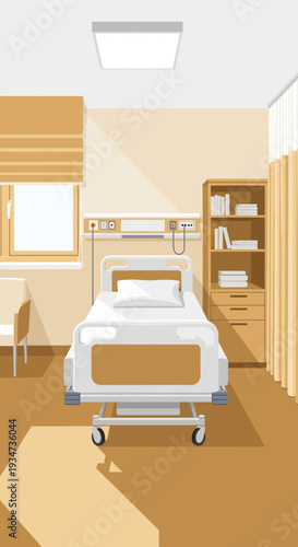 Hospital Room Depiction Featuring Bed, Furniture, and Therapeutic Environment with Windows