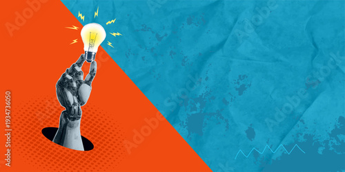 A trendy halftone collage in pop art style. A robotic hand holds a light bulb as a symbol of an idea. Machine learning concept. Artificial intelligence. Vector illustration.