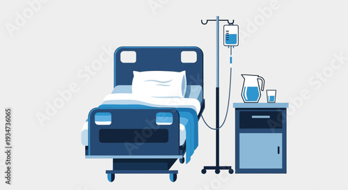 Hospital Room Depiction Featuring Bed, IV Drip, and Nightstand In Healthcare Setting