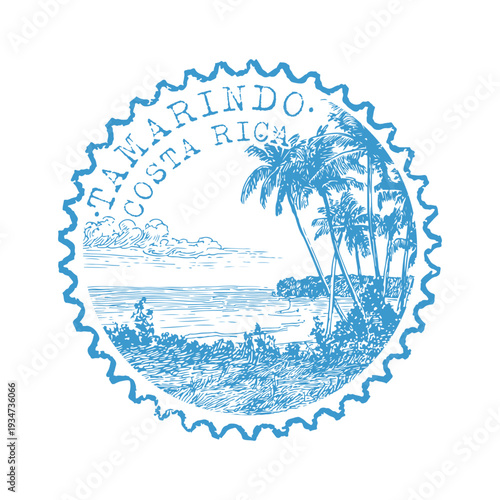 Vintage Tamarindo Costa Rica badge featuring golden hour surf and tropical bay stamp scene.
