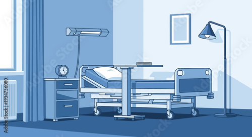 Hospital Room Depiction Featuring Bed, Lamp, And Equipment In A Monochromatic Scene