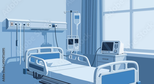 Hospital Room Depiction Featuring Medical Equipment and an Empty Bed in a Monochromatic Color Scheme