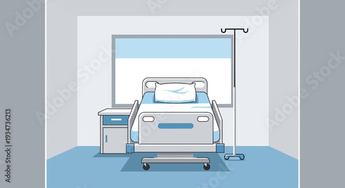 Hospital Room Depiction Featuring Bed, Nightstand, and IV Stand in Clean Design
