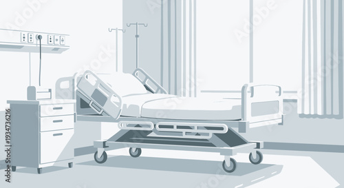 Hospital Room Depiction Featuring Bed, Nightstand, And Medical Equipment Illustration