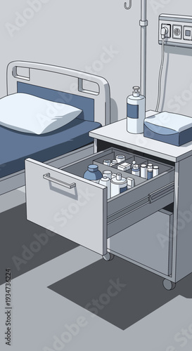Hospital Room Depiction Featuring Bed, Nightstand, and Medical Supplies in Serene Tones