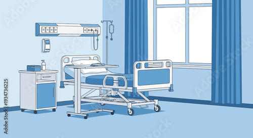 Hospital Room Depiction Featuring Bed, Nightstand, And Medical Equipment, In Blue Tones