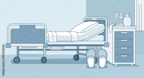 Hospital Room Depiction Featuring Bed, Nightstand, And Medical Necessities Illustrations