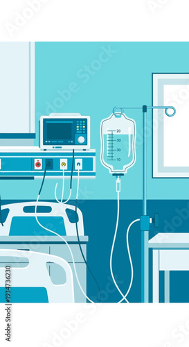 Hospital Room Depiction Featuring Medical Equipment and Infusion Apparatus for Patient Care