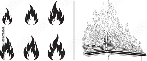 A black and white vector graphic featuring several stylized flame icons on the left and a detailed line art illustration of a building engulfed in a large fire on the right.