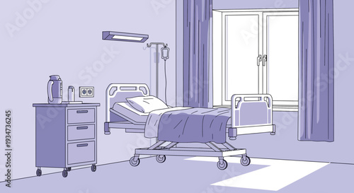 Hospital Room Depiction Featuring Bed, Nightstand, Curtains, and Healthcare Supplies