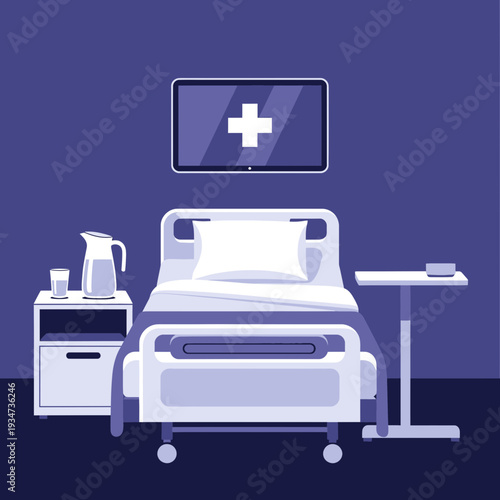 Hospital Room Depiction Featuring Bed, Nightstand, Television, and Medical Cross Symbolism