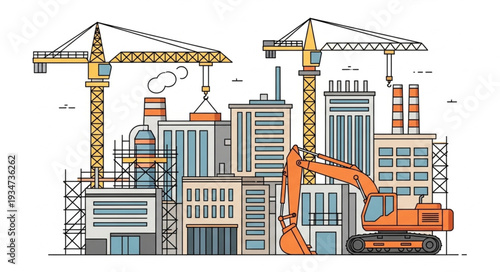 Construction site with cranes, buildings, and heavy machinery in progress.