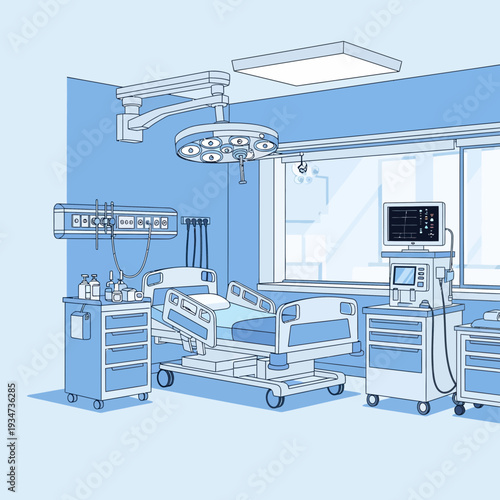 Hospital Room Depiction Featuring Medical Equipment and Modern Interior Aesthetic Design