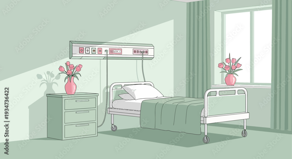 Fototapeta premium Hospital Room Depiction Featuring Bedside Table, Flowers, And Medical Equipment Illustration