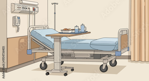Hospital Room Depiction Featuring Bedside Table and Healthcare Environment Illustration
