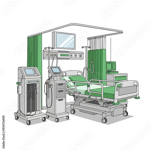 Hospital Room Depiction Featuring Medical Equipment and Patient Bed with Green Accents and Modern