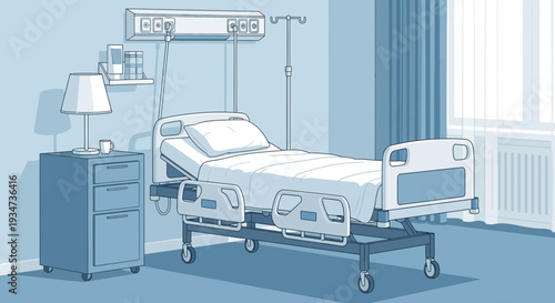 Hospital Room Depiction Featuring Bedside Table Lamp And Medical Equipment In a Clinical Setting