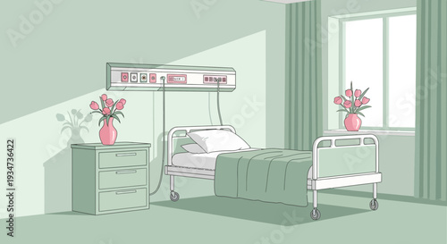 Hospital Room Depiction Featuring Bedside Table, Flowers, And Medical Equipment Illustration