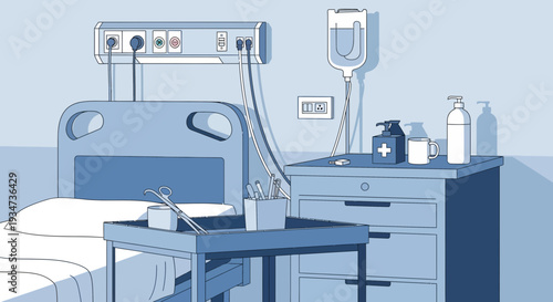 Hospital Room Depiction Featuring Medical Tools and Devices in Blue Tones