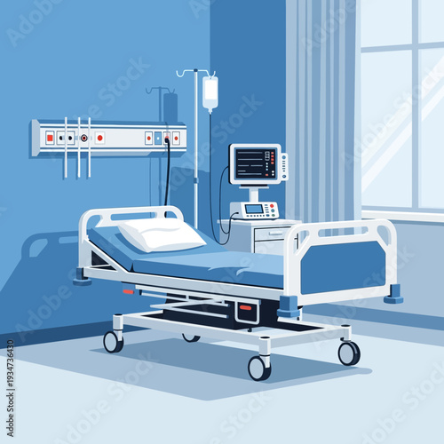 Hospital Room Depiction Featuring Medical Equipment, Bed, and Monitoring Devices for Patient Care