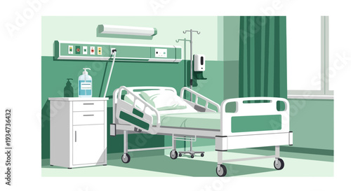 Hospital Room Depiction Featuring Bedside Table, Medical Bed And Modern Green Interior