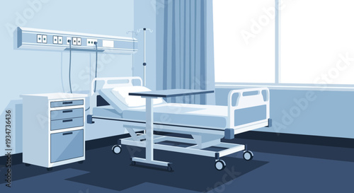Hospital Room Depiction Featuring Bedside Table, Medical Bed, and Clean Environment