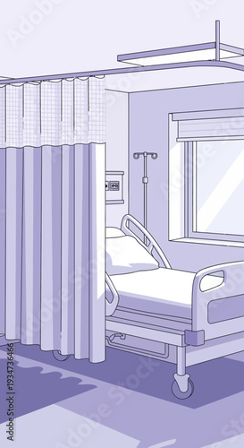 Hospital Room Depiction Featuring Modern Bed, Window Light, and Privacy Curtain for Medical Needs
