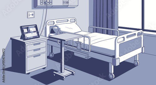 Hospital Room Depiction Featuring Bedside Tablet and Clinical Setting Illustration