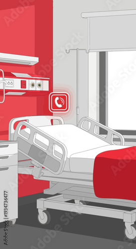 Hospital Room Depiction Featuring Modern Design and Emergency Call Symbol for Patient Care