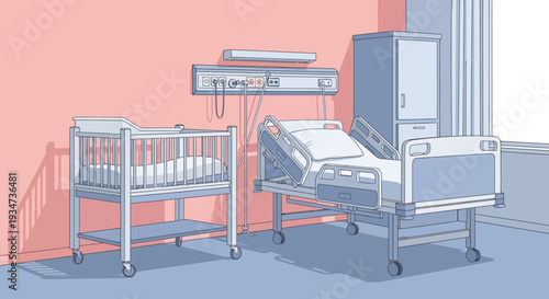 Hospital Room Depiction Featuring Crib and Bed with a Sterile and Minimalist Aesthetic