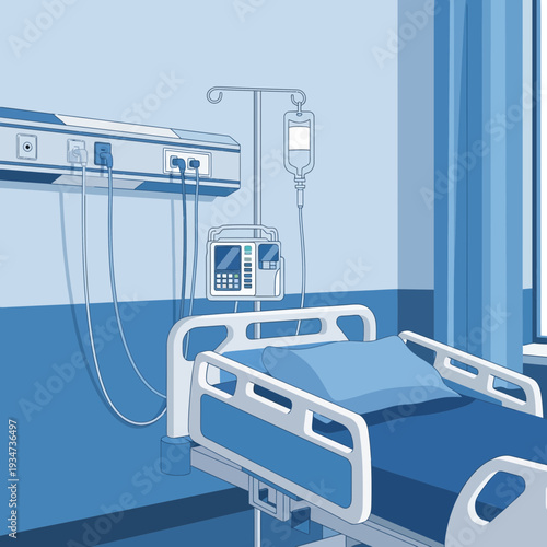 Hospital Room Depiction Featuring Modern Medical Equipment and Patient Bed with Blue Tones